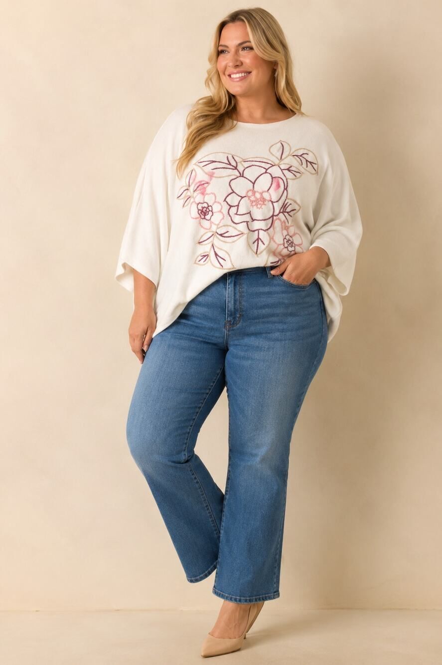 Aaeda 3X Ivory Floral Embroidered Dolman Knit Sweater NWT Plus Size Nylon Blend